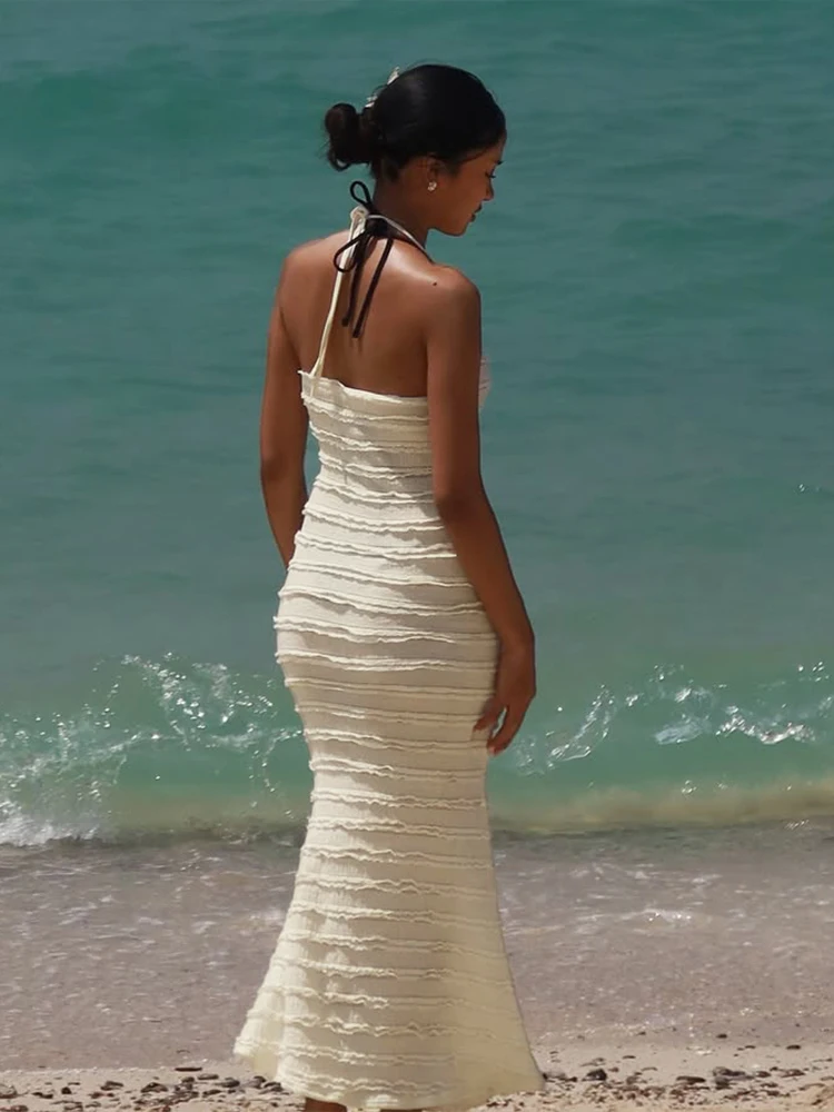 Vestido sem costas sexy para mulheres, com várias camadas, arestas de renda, anel de lantejoulas, férias, festa de praia, elegante, slim