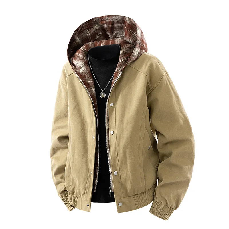 

Autumn Man Jacket Plaid Patchwork Long Sleeve Fake Two-piece Male Hooded Coat Vintage Single-breasted Youth Men Outerwear