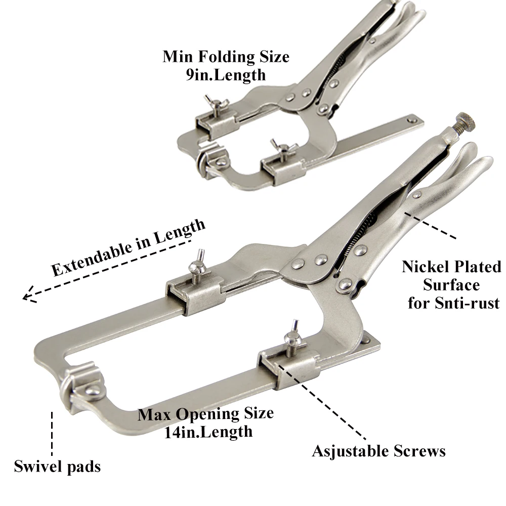 MacWork 9-14 inch Heavy Duty Telescopic Slide Locking Pliers Adjustable Locking Welding C-Clamp With Swivel Pads