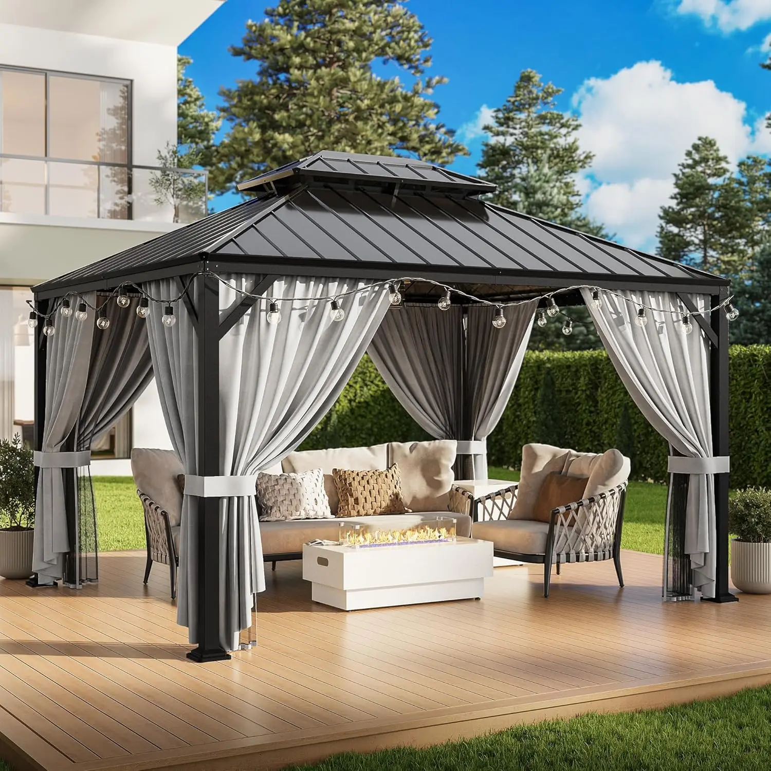 Gazebo de Techo Rígido 10x12 con Estructura de Aluminio Galvanizado, Doble Techo, Cortina de Red, Toldo para Jardín o Terraza, Personalizable