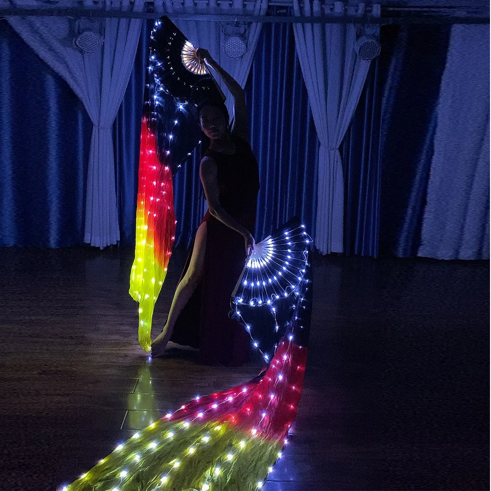 Adult LED Light up Fan Black Red Gradient Color Fan Women Party Stage Performance Props Belly Dance Accessories Right  Left Hand