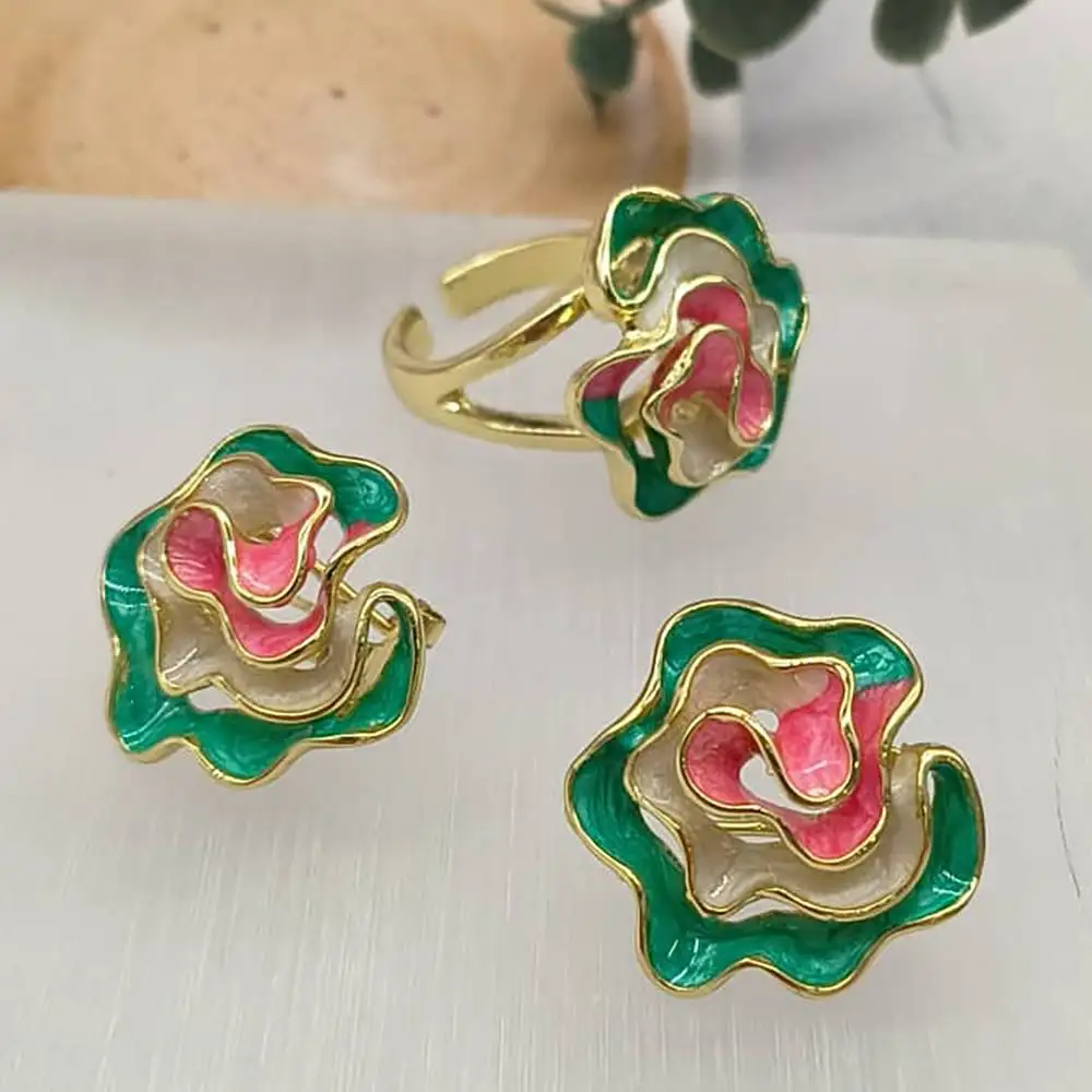 Farbige Emaille-Ring-Ohrringe 2-teiliges Set Dopamin Goldfarben Mode Damen Alltag Büro Freizeit Schmuck-Accessoires-Set – Detail 5