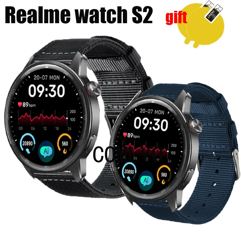 Realme için 3in1 izle S2 Kayış Bandı bileklik Naylon Canva kadın erkek Kemer Ekran Koruyucu