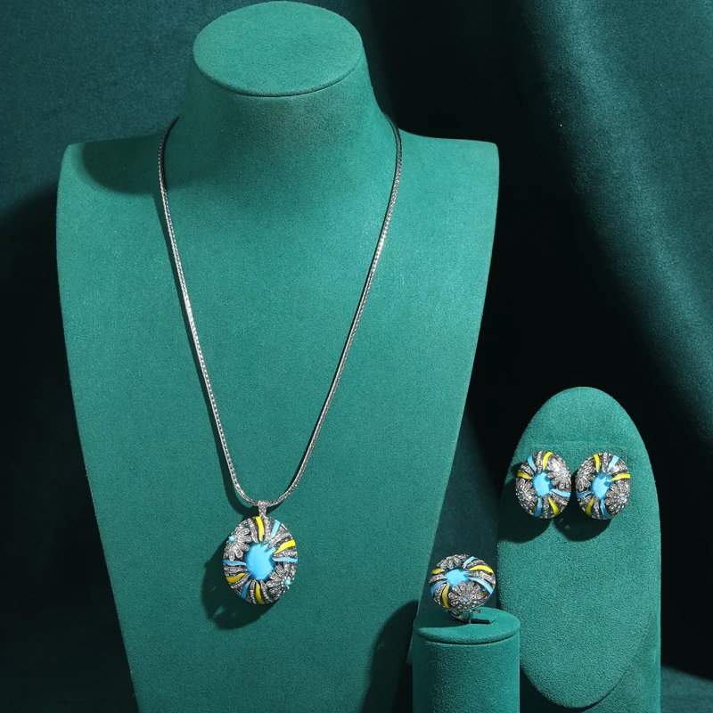 

Vintage Blue Jewelry Sets Natural Stone Pendent Yellow Necklace Stud Earrings Ring Relief Flower Silver Color Beach Accessories