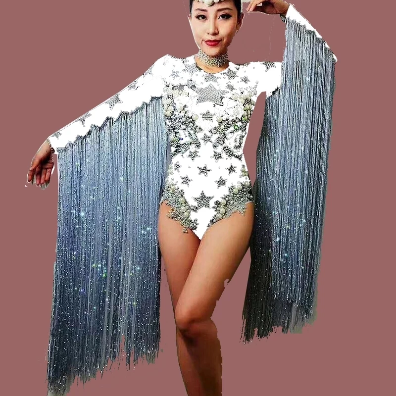 Crystals Pearl Stars Pattern Leotard Sexy Bodysuit White Singer Fringe Crystals tassel Jazz Dj Costume Rhinestone Dancer wear