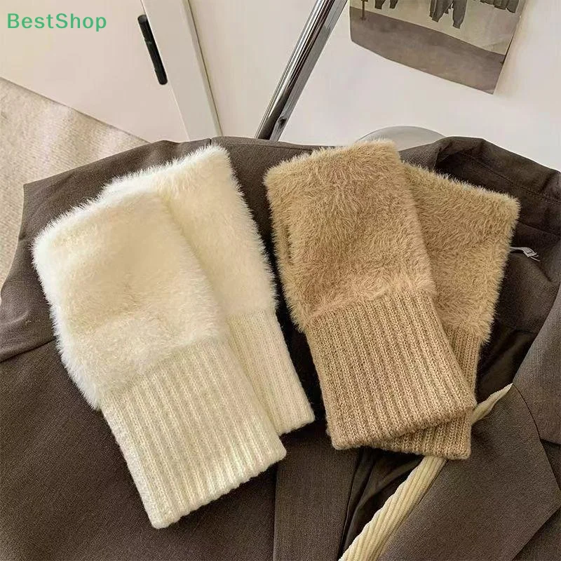♥Winter Soft Half-Finger Gloves For Women Plush Knitted Fingerless Gloves Wrist Mittens Writting