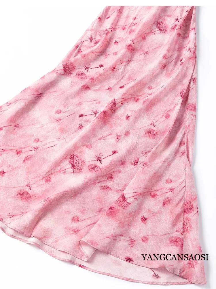 1.4 미터 길이 100% 천연 뽕나무 실크 크레페 드 신 오블리크 컷 민소매 휴가 스타일 여성 캐주얼 프린트 드레스