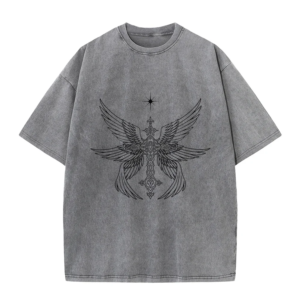 Men's T-Shirts Goth Emo Alt Biblically Accurate Archangel Wings Cross Printing Adult Heavyweight T-Shirt New Shirts Summer Tee