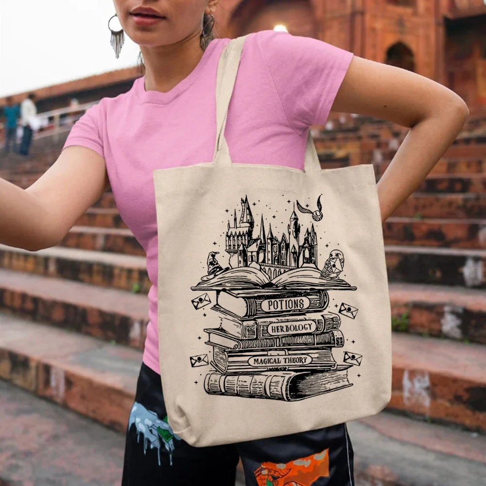 Magical Wizard Bookstore Castle Print Womens Handbags Movie Inspired School Canvas Tote Bags Nerd Book Lover Bags Magic Castle