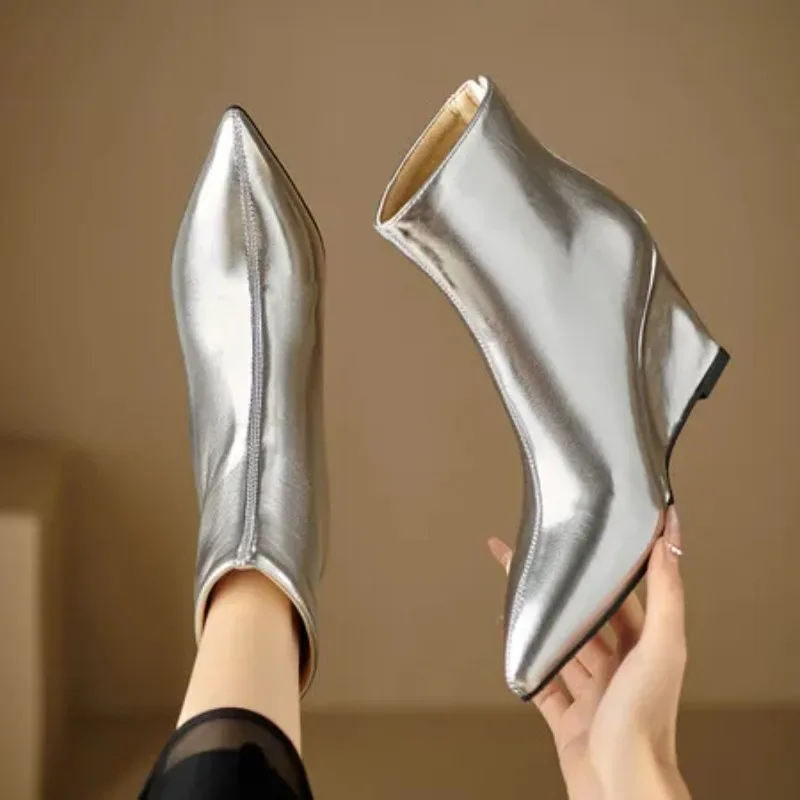 Patent Leather Shiny Gold Silver Wedges High Heels Woman Shoes Zip Back Pointed Toe Ankle Botas Big Size 45 46 Chelsea Boots