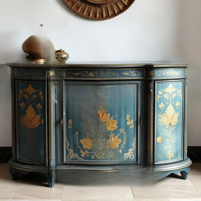 French retro solid wood painted porch cabinet, living room decorative cabinet, household locker, birch display cabinet