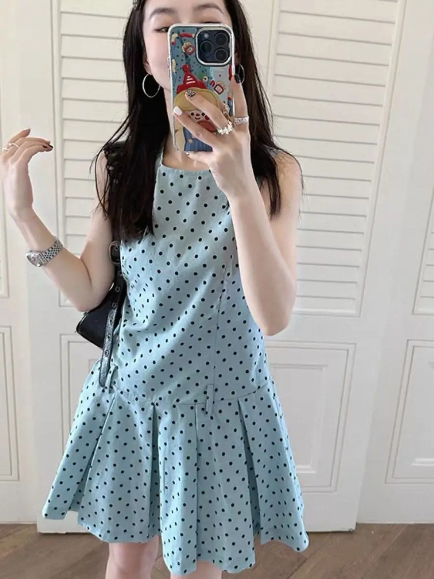 Vestido de Verano Estilo Coreano Azul con Puntos, Sin Mangas, Corte A, Falda con Pliegues, Cintura Ajustada, Juvenil y Dulce, con Cuadros y Vichy