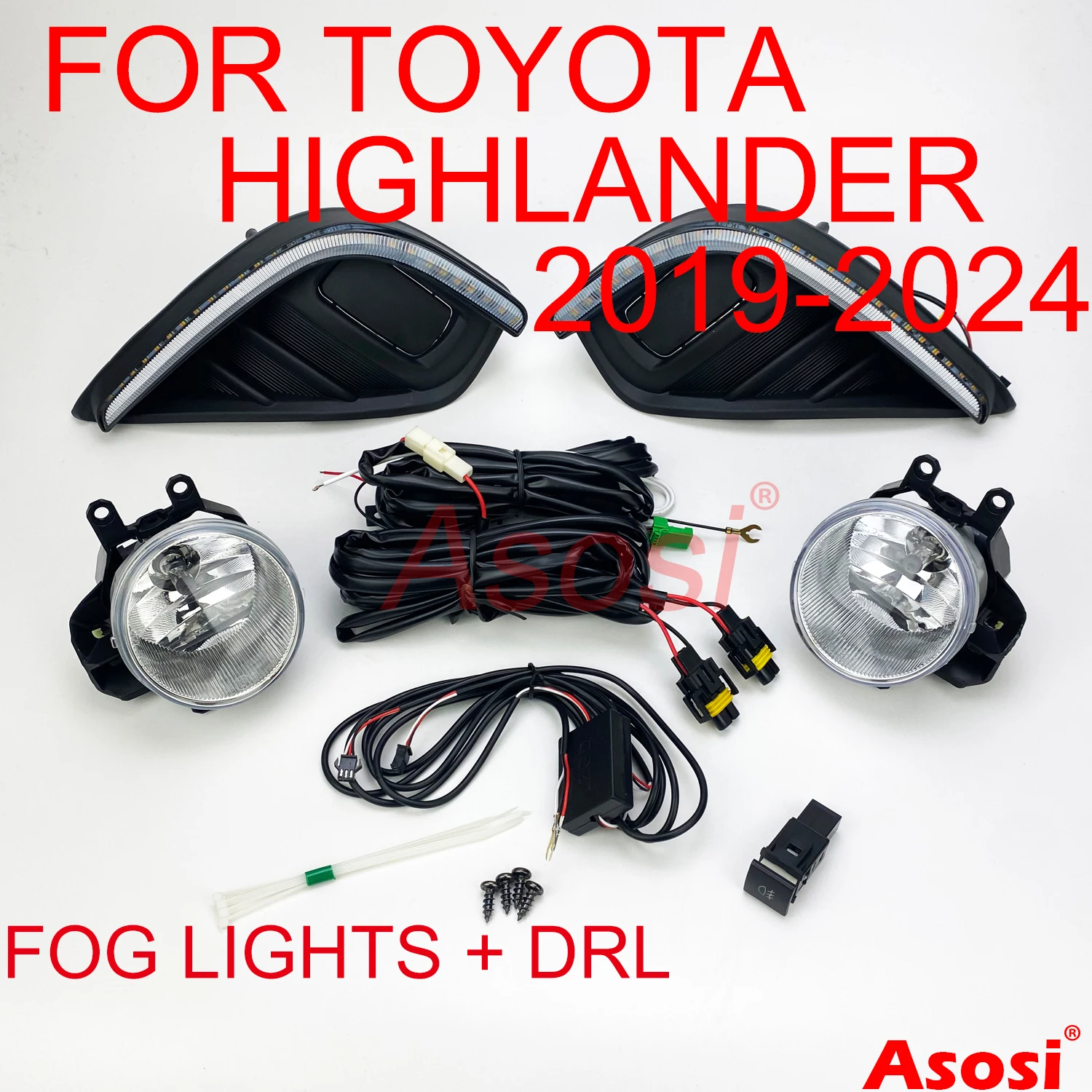 Front Bumper Fog Lamps + LED DRL Daytime Running Lights For Toyota Highlander 2020 2021 2022 2023 2024 W/Turn Signal Function