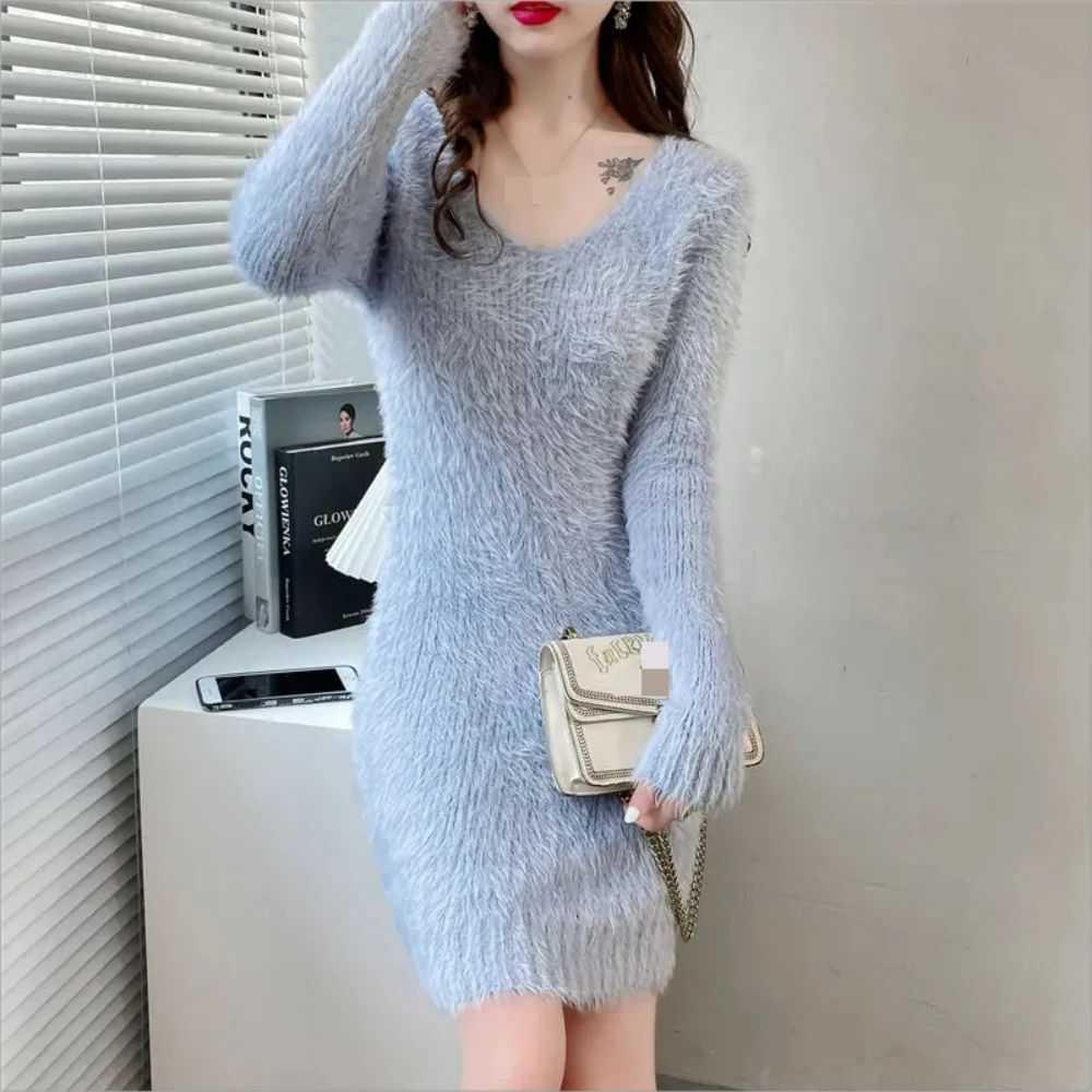 Imitation Mink women\'s Knit Dress Autumn Winter Elasticity Slim Bottoming Sweater Long Sleeve V Neck Office Lady Elegant Dress