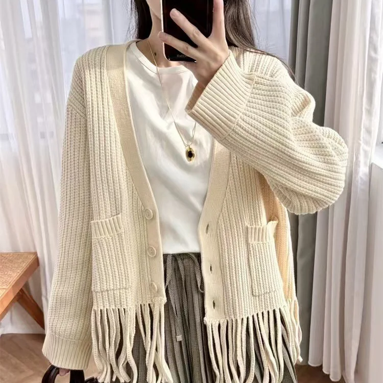 

Faionable Knitted Top Coat V-ne Tassel Hem Design Autumn Winter New Arrival Women's Regular Thiened Open Cardigan