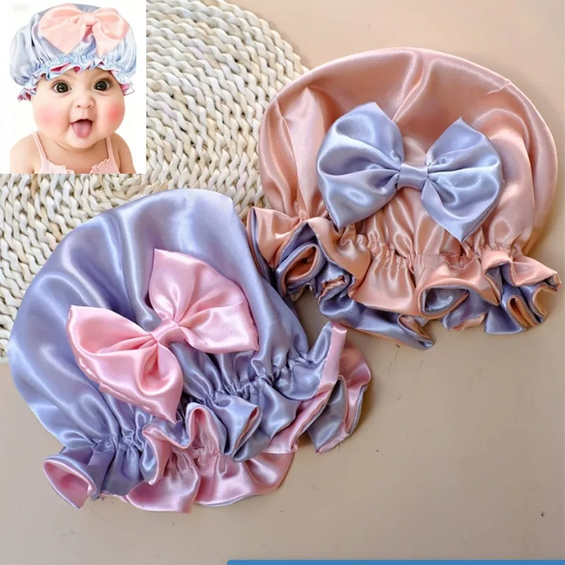 

Double Layer Big Bow Knot Sleep Night Cap Satin Hair Protect Hat Baby Girls Night Turban Children Solid Headwrap Sleep Bonnet