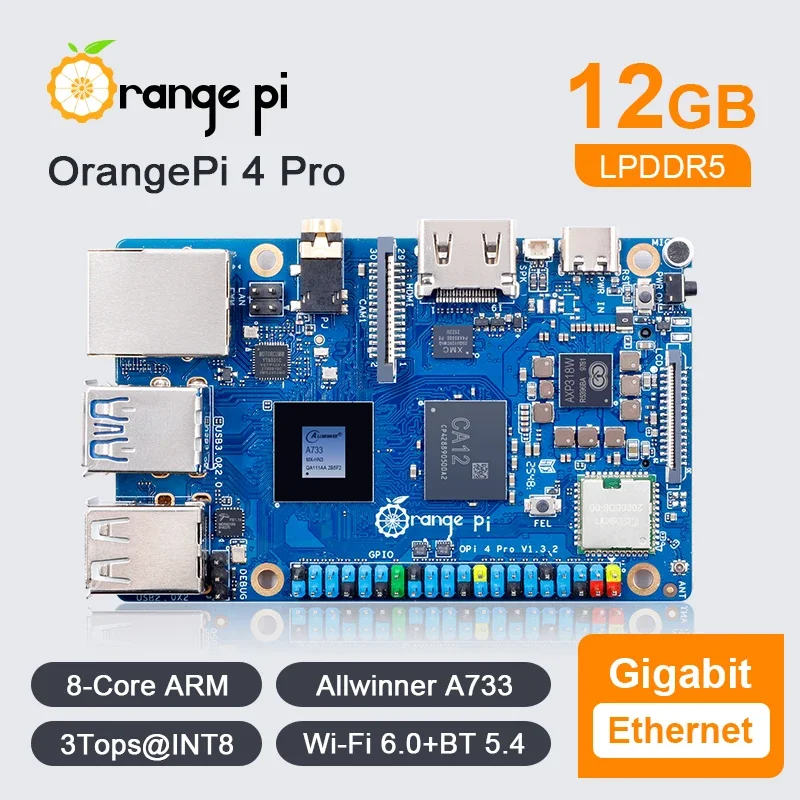 BoMaSOrange Pi 4 Pro 12GB LPDDR5 + Power Supply Allwinner A733 Chip 3Tops NPU M.2 M-Key Slot Single Board Computer