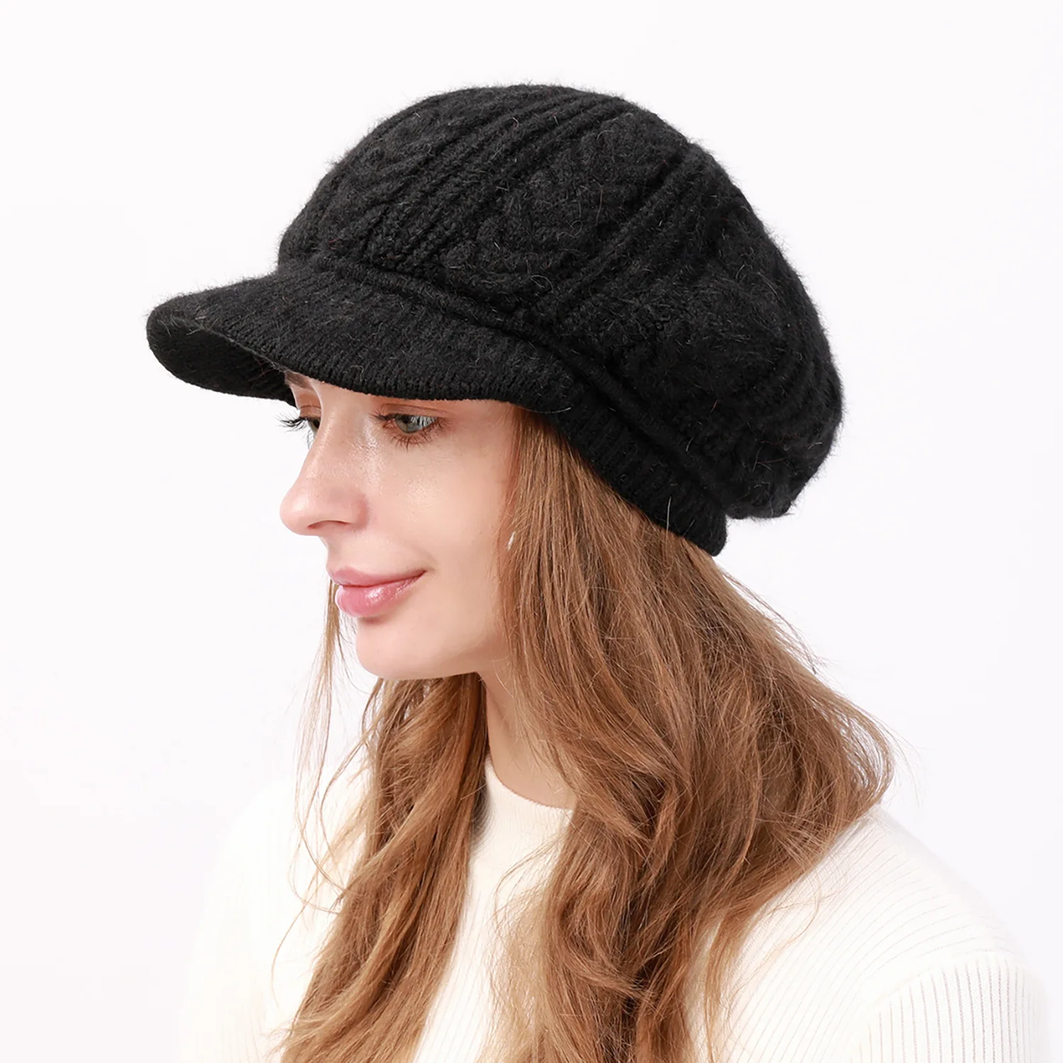 Женская зимняя шапка-капот для девочек, вязаный теплый берет таксиста для газетчика, повседневная панама-котелок, шапка с черепом и козырьком