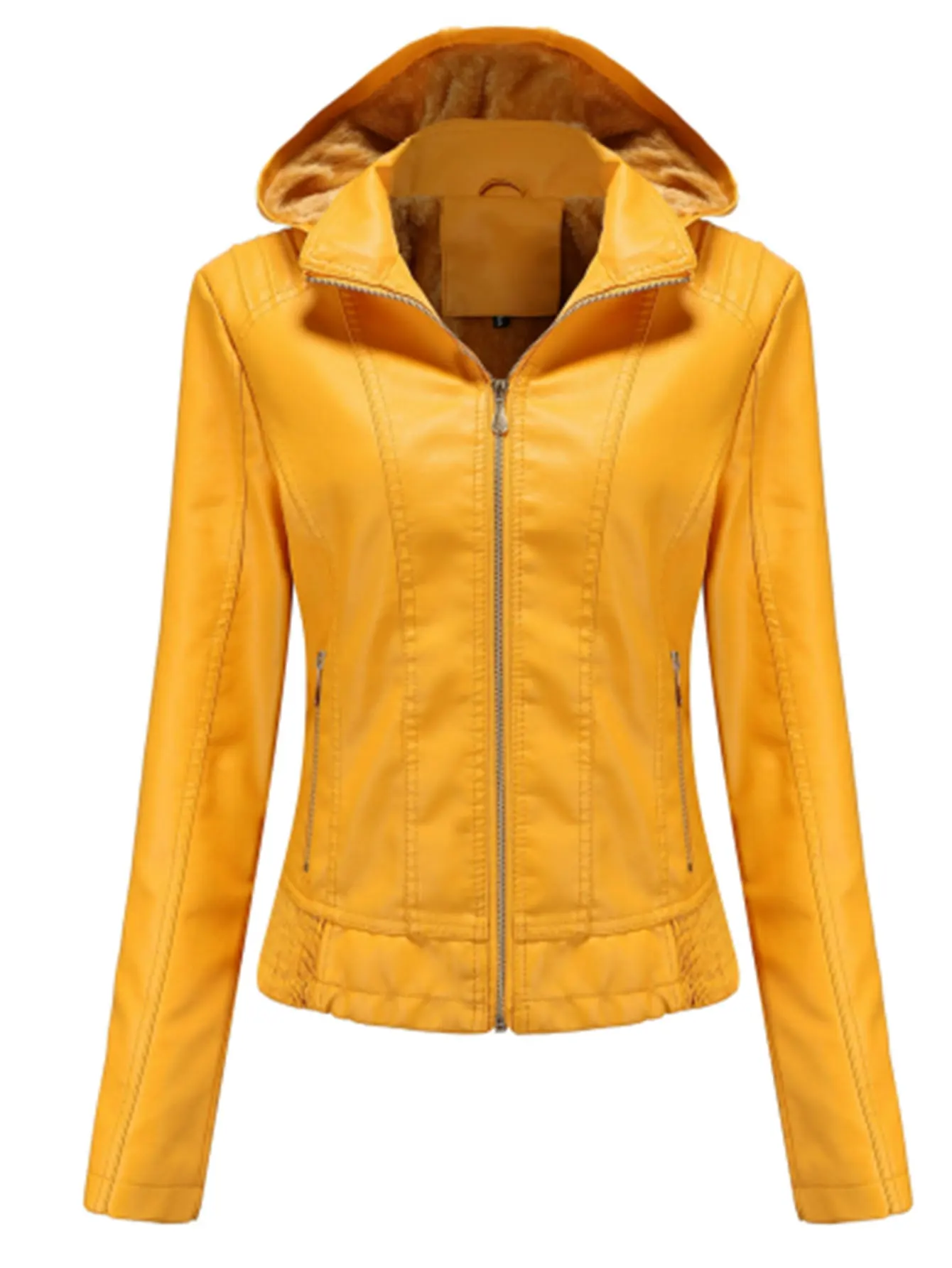 

Women's Chic Plain Leather Jacket Long Sleeve Hooded Basic Separated Zipper Autumn Outerwear for Daily Use