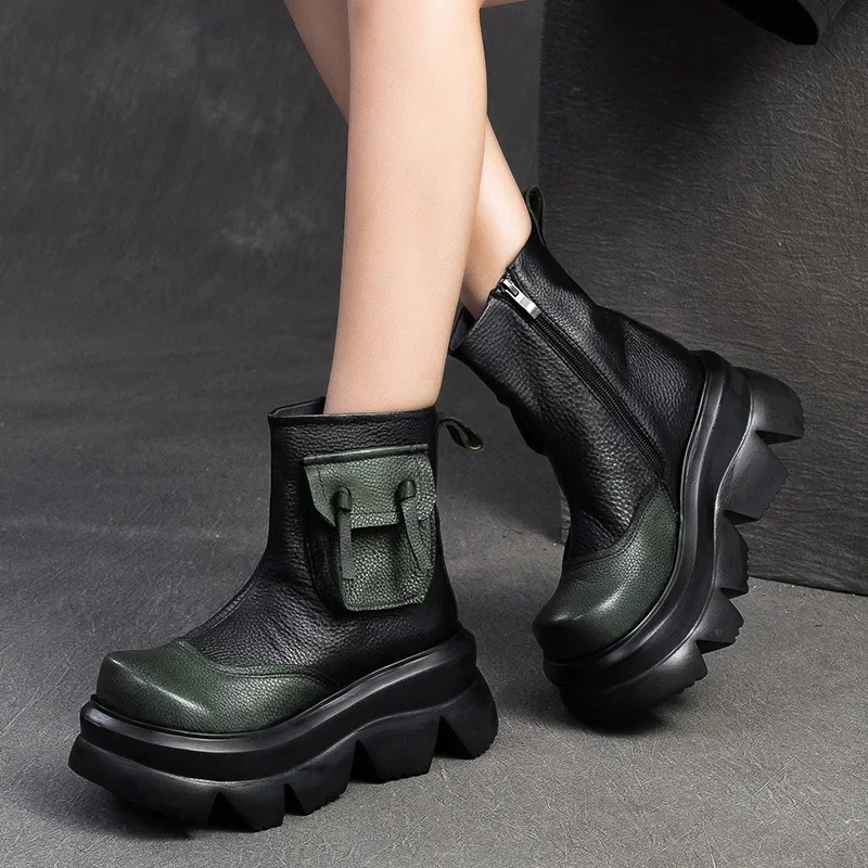 Krasovki 7cm Natural Genuine Leather Chimney Fashion Ankle Booties Women Moccasins Autumn Boots Motorcycle Ladies Spring Shoes image 4