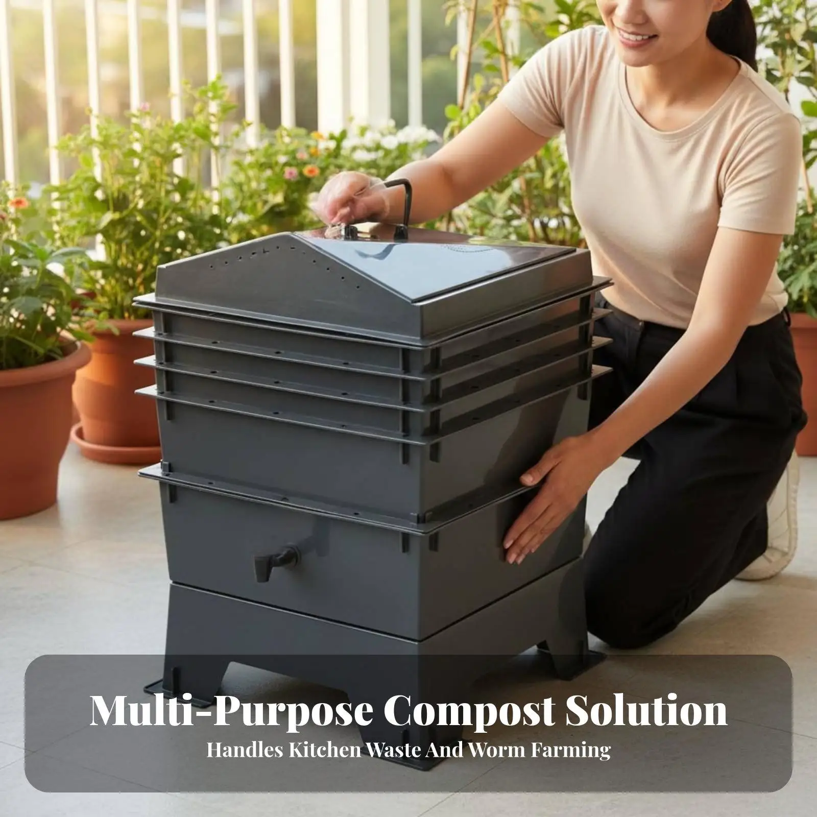 Plastic Composting Bin for Balcony Patio Kitchen Worm Farm System with Expandable Trays and Spigot Harvest