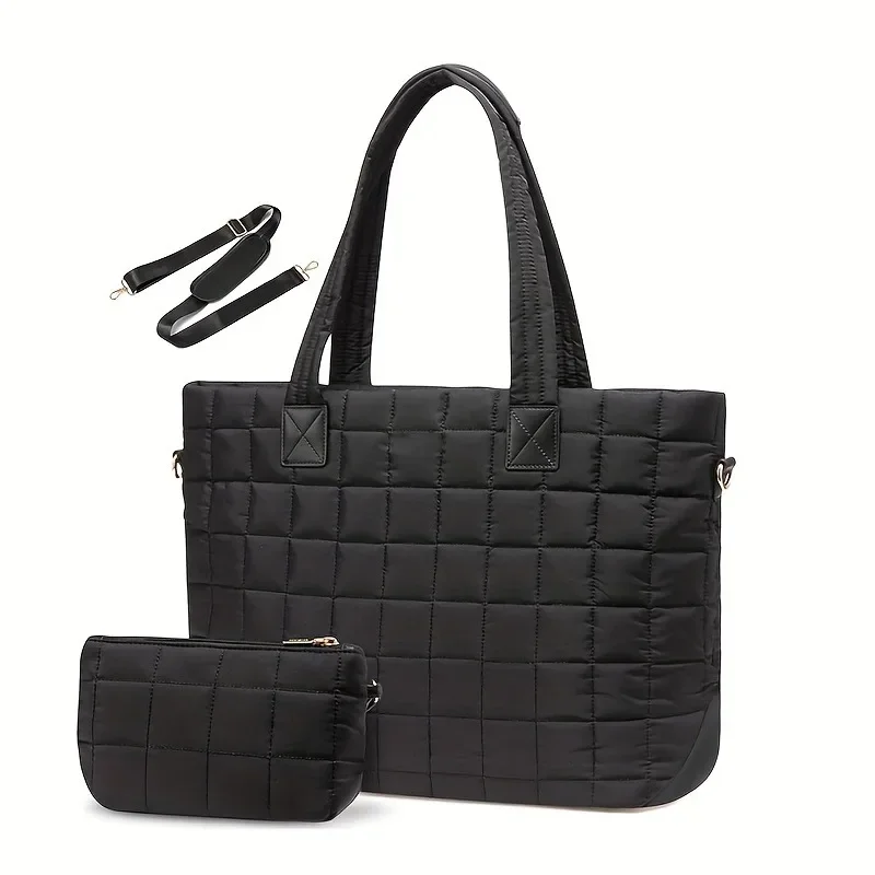 New Women's Down Tote Bag, Fashionable and Versatile Laptop Bag, Solid Color Quilted Zipper Fluffy Work Tote Bags