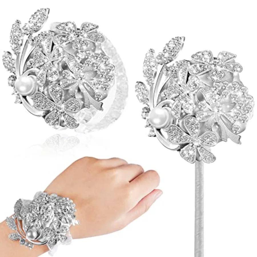 

2 Pcs Rhinestone Wrist Corsage and Boutonniere Set - Artificial Flower Corsage Wristlet for Wedding Prom Homecoming Bridesmaid