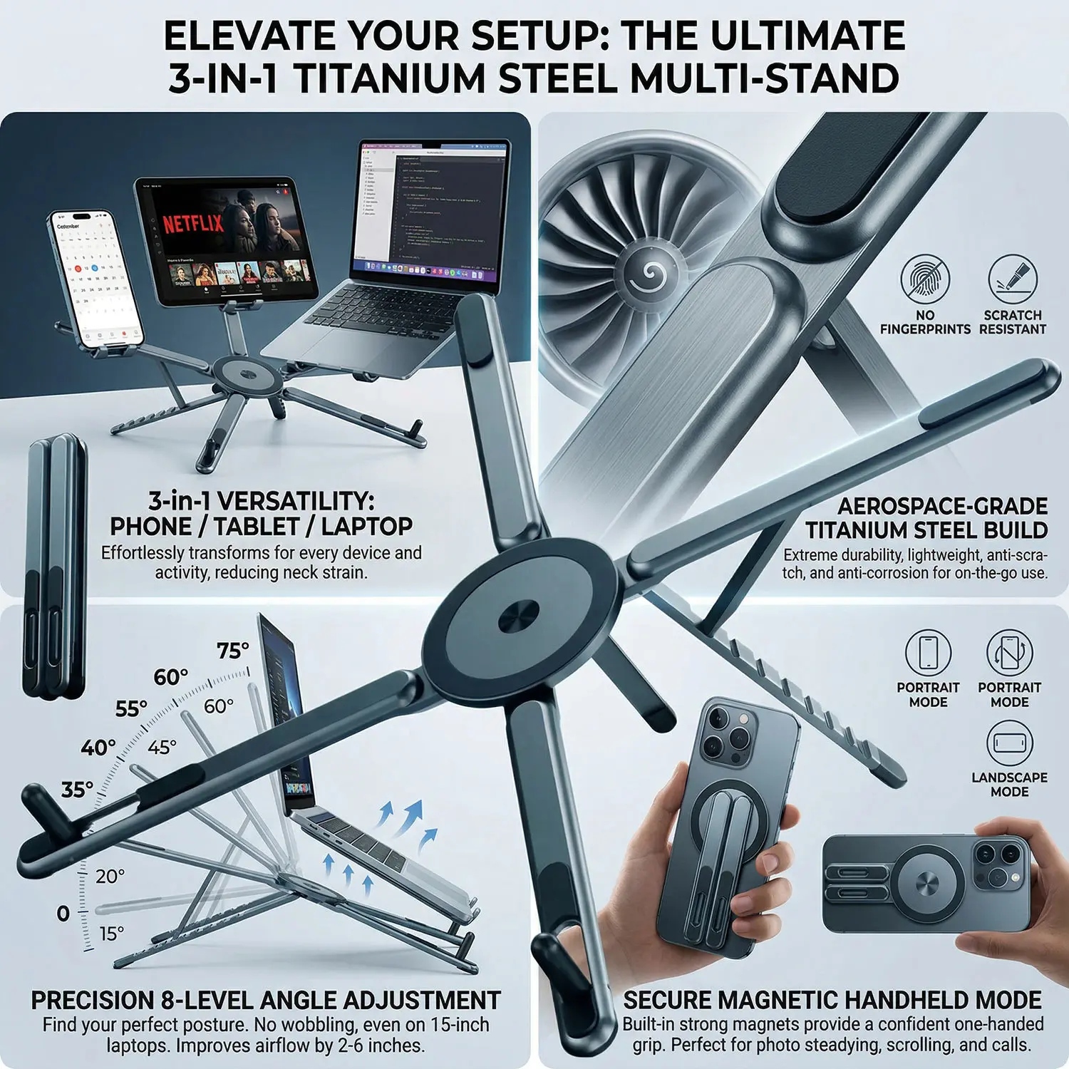 Portable Magnetic Phone Holder & Selfie Stick 3-in-1 Foldable Tripod Stand for iPhone iPad Tablet Desktop Adjustable Stand