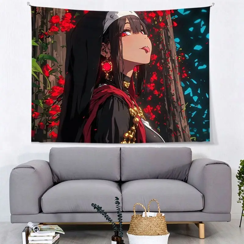 VIKAMA Blue Neon Anime Nun Candy Cross Wall Hanging Art Tapestry Room Decor Bedroom Dorm Home Blacklight Cool Soft Durable Cozy