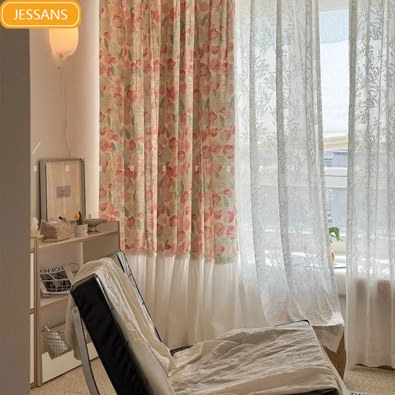 Customized Colored Tulip Printed Cotton Linen Splicing Curtains for Living Room Bedroom Bay Windows Partition Curtains