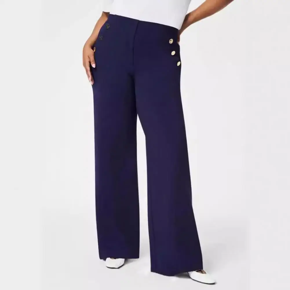 Women Pants, Elastic High Waist, Straight Wide Leg Pants, Buttons Decor, Solid Color, Slim-Fitting, Tummy Control, Work Trousers