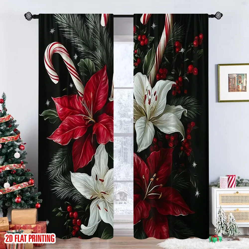 2 قطعة طباعة مسطحة ثنائية الأبعاد ستائر عيد الميلاد العصرية إبر عيد الميلاد الصنوبر ألياف البوليستر المتينة حفلة عائلية للحفلات و