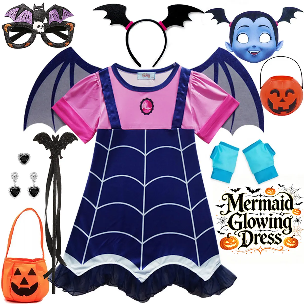 2026 Halloween Festival Party Dress Girl Birthday Playing Vampire Costume + Bat Crown + Pumpkin Bag Accessories Set 3-10T
