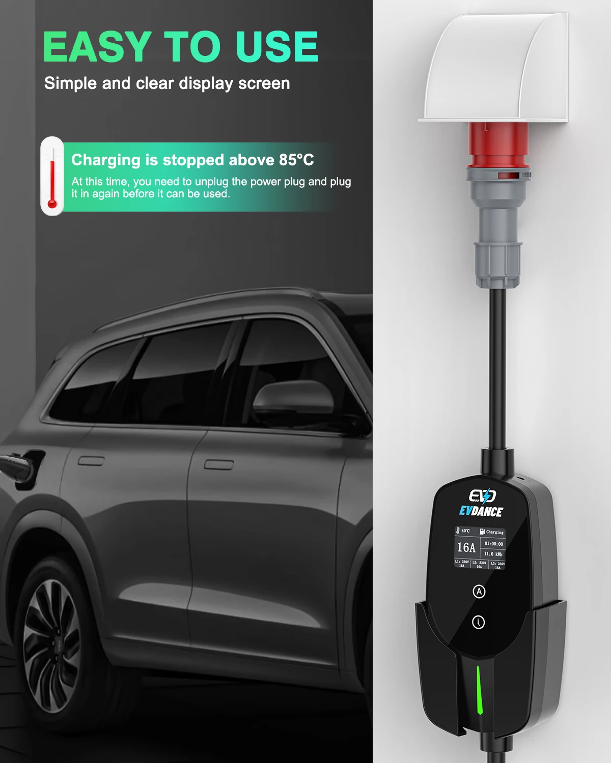 EVDANCE Portable EV Charger Type2 16A 11KW 3Phase EVSE Charging Power Adjustable Car Charger Fast Charging for Home Outdoor Use