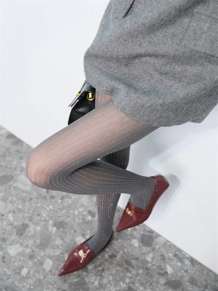 Women Glitter Pinstripe Tights Sheer Full Length Footed Pantyhose Vertical Stripe Stockings for Autumn Winter Party Outfits 2026