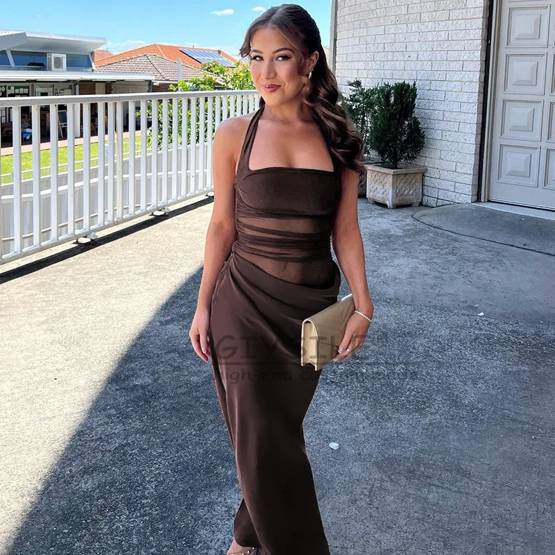 GIYSILE Sexy Gaas 2025 Stiksels Jurk Slanke Backless Effen Kleur Taille Opknoping Hals Temperament Lange Rok vrouwen Jurken