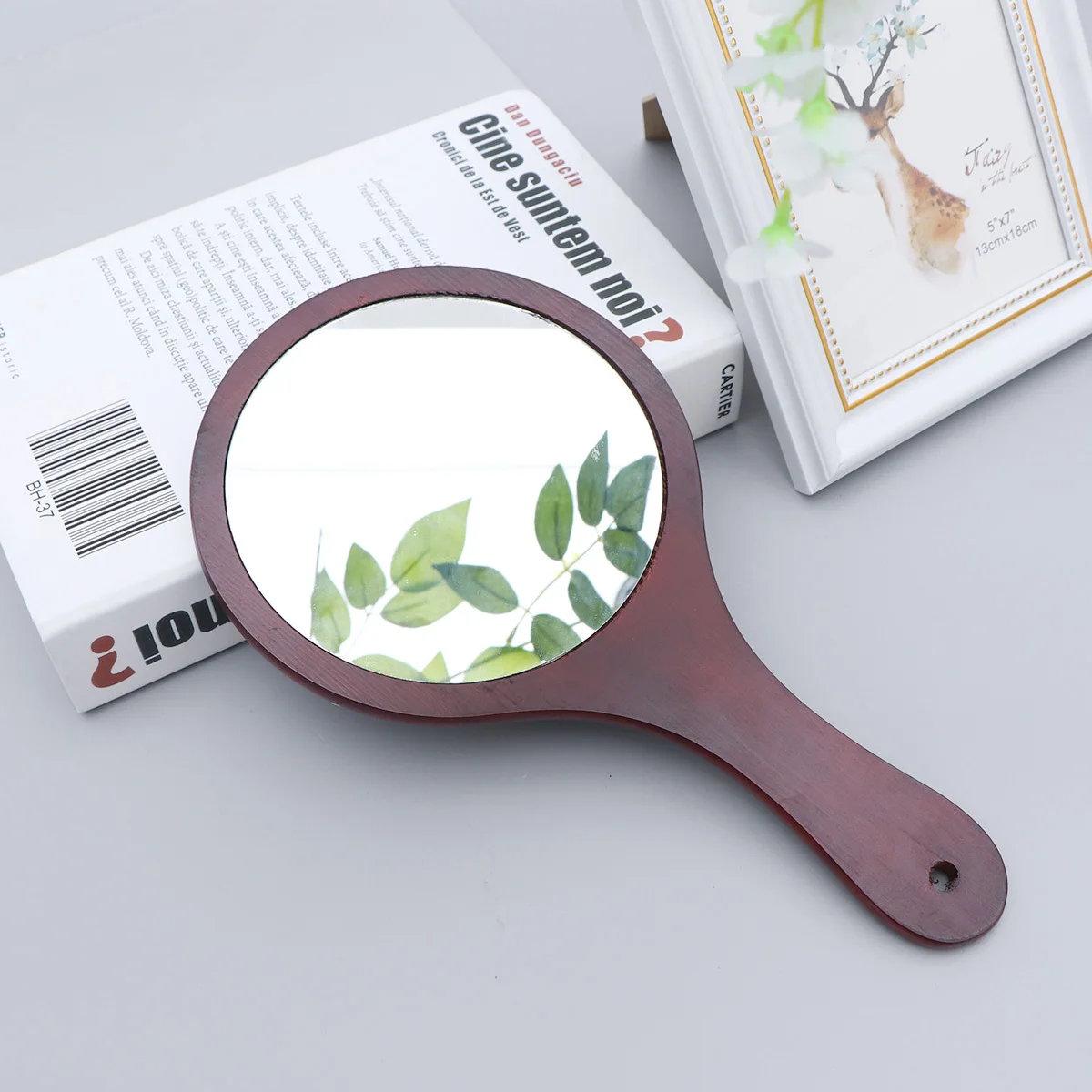 

1Pcs Makeup Mirror Wooden Frame Handheld Large Clear Mirror Wall Hanging Elegant Design for Women Girls