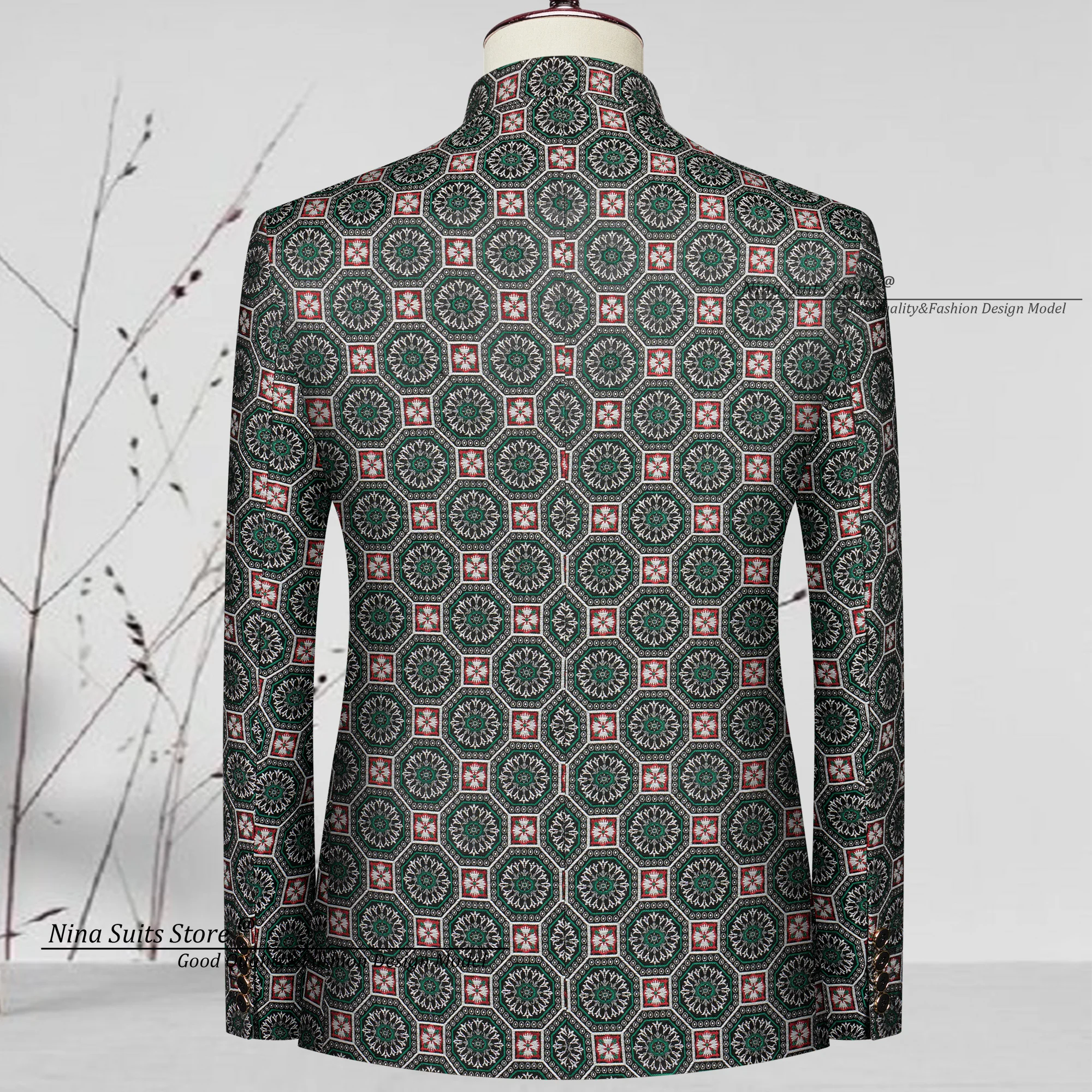 Nina Store Elegant Jacquard Suits for Men 2025 New Style Single Breasted Black and Dark Green Pattern Coat Vest with Casual Pant