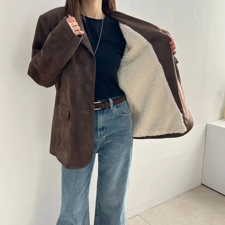 

Женская осенне-зимняя новинка, корейская бархатная кожа оленя в стиле ретро, свободная утягивающая одежда на одной пуговице, высококачественная длинная све irt