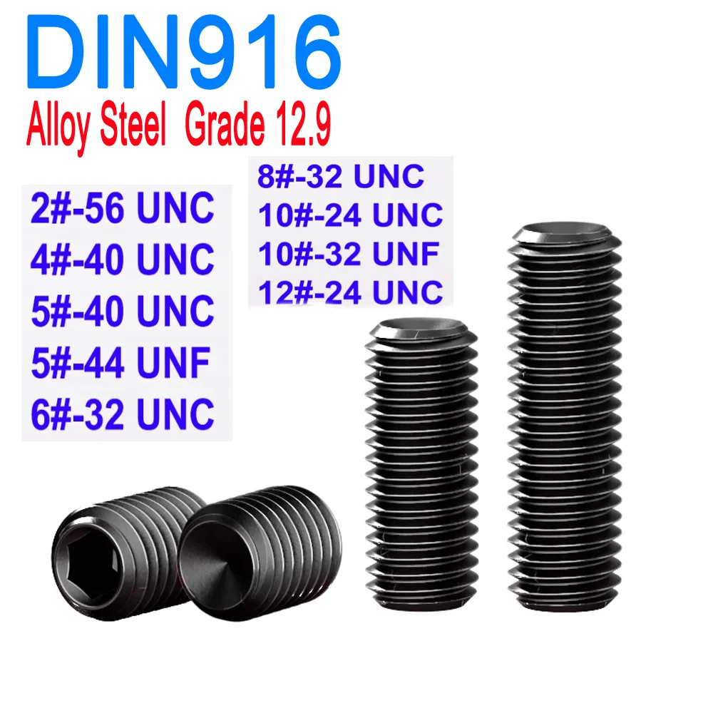 

DIN916 Grade 12.9 Alloy Steel 2# 4# 6# 8# 10# 12# UNC UNF Hex Socket Set Screws with Cup Point Headless Grub Bolts