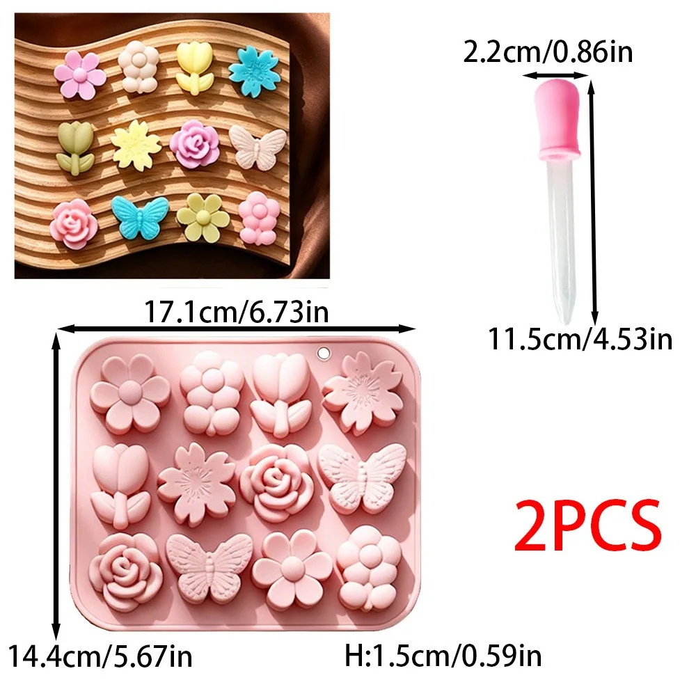 2pcs/set Candle Making Tool 12 Cavity Flower Butterfly Candle Silicone Mold with Dropper Tulip Rose Daisy Resin Soap Decor Gift