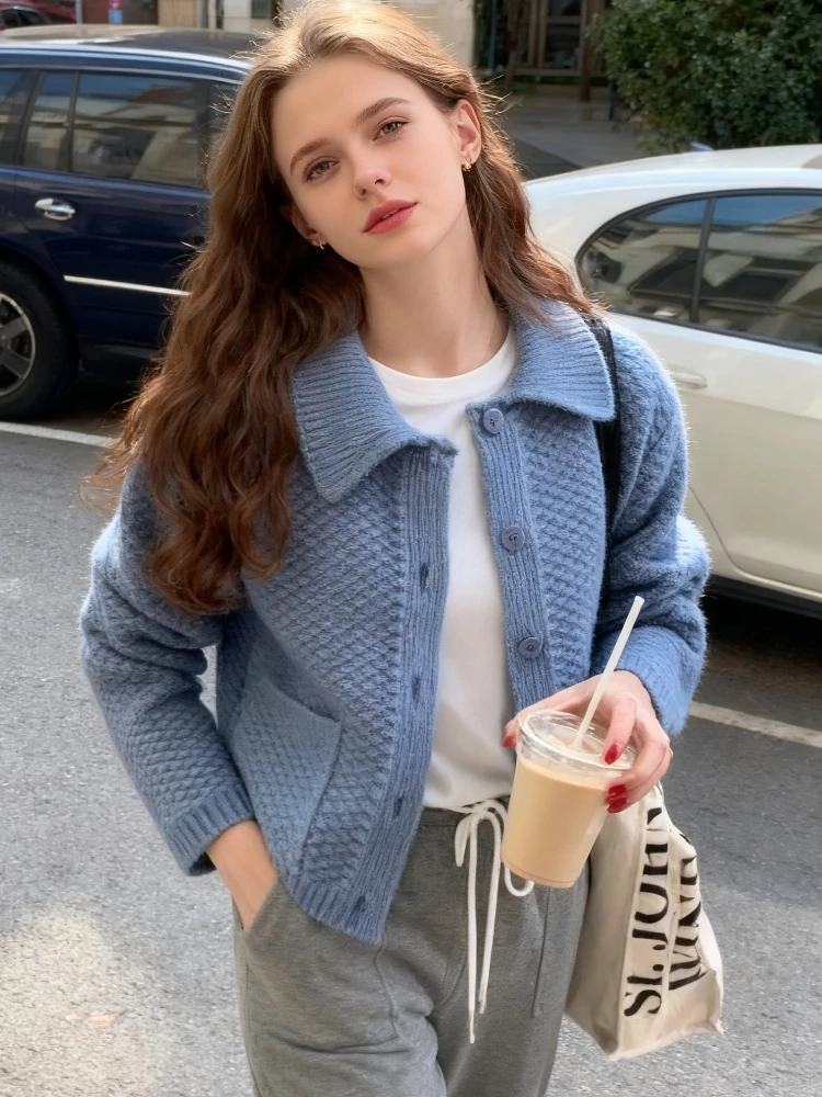 

New Lapel Sweater Jacket Women Autumn Loose Fit Outerwear Button Long Sleeve Knitted Cardigan with Pockets Korean Fashion