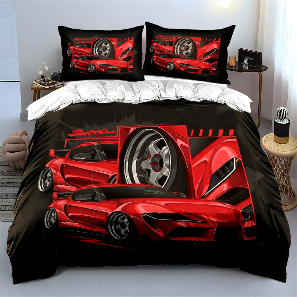 Cool Red sports car design Pattern Duvet Cover Set Digital Print Colorful Polyester Bedding with Zipper Closur for kids gifts