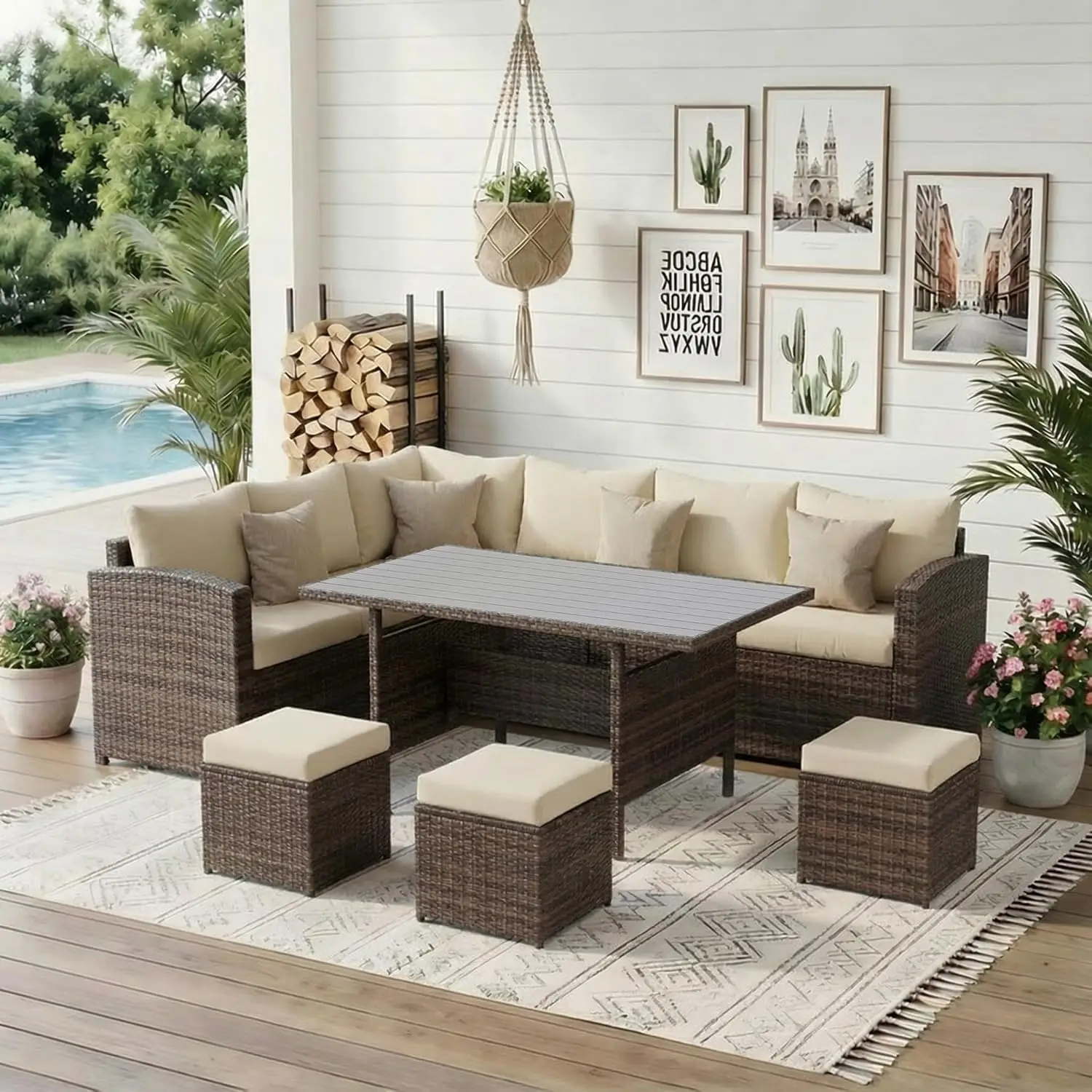 

Комплект садовой мебели из 7 предметов: всепогодный плетеный диван, стол, стулья, пуф для патио и сада, на заказ