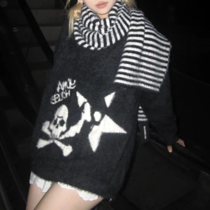 Winter Y2k Clothes Gothic Skulls Sweater Grunge Aesthetics Knitted Jumper V-neck Harajuku Loose Mohair Pullover Emo Knitwear - Image 5