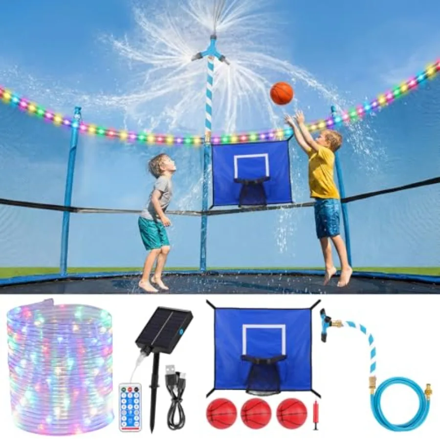 

3-in- Trampoline Accessories Kit: 360°Rotating Water Sprinkler, 50FT Solar-Powered LED Lights and Basketball Hoop with 3 Mini B