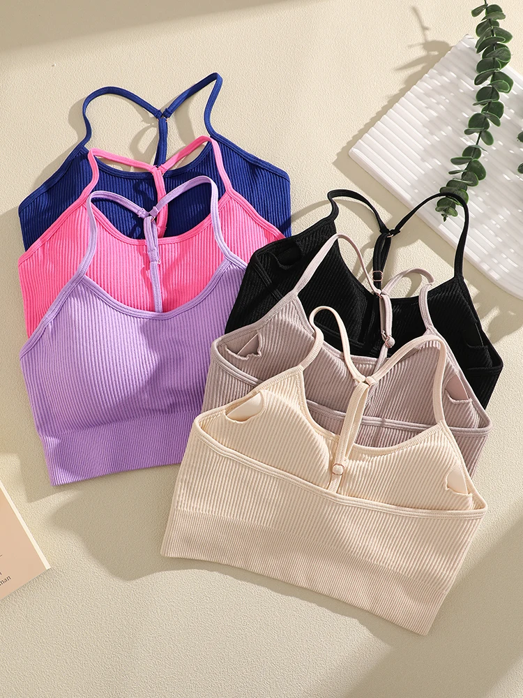 Women Ribbed Seamless Sports Bra Y-Back Thin Strap Adjustable Padded Yoga Crop Top High Elastic Workout Fitness Running Bralette image 3