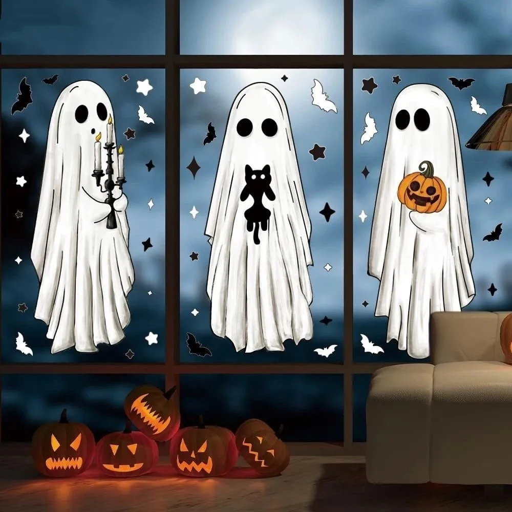 6PCS Cartoon Halloween Window Decals Bats Black Cat Spooky Pumpkin Large Size Ghost Static Window Clings Removable Waterproof