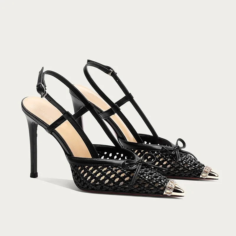 

Женские туфли на высоком каблуке с бантом и кристаллами, роскошные остроносые босоножки 2026 года, летние новые сексуальные свадебные туфли-слингбэки Mujer
