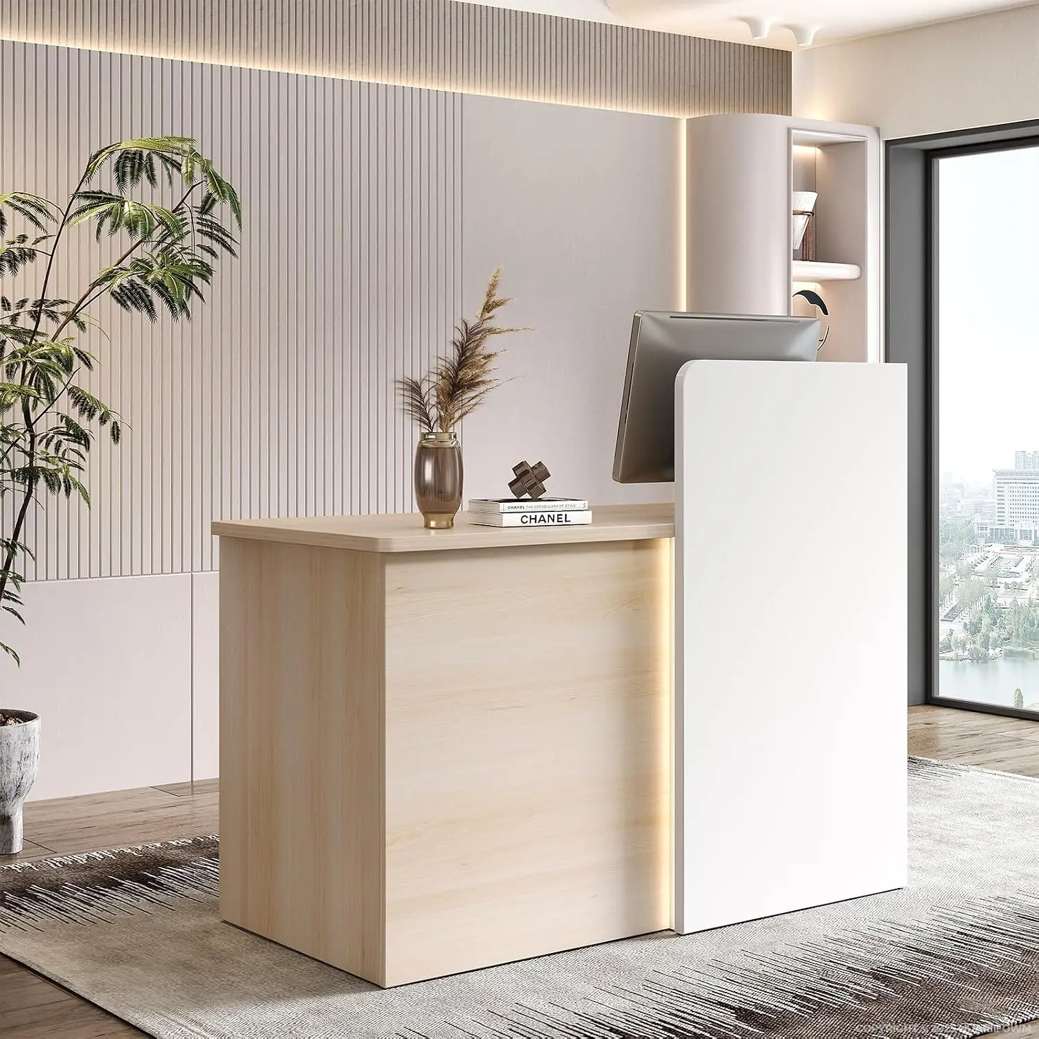 47 Inch Small Reception Desk Privacy Panel Lockable Drawer Shelves Compact Front Desk Salon Spa Retail Checkout Light Oak White